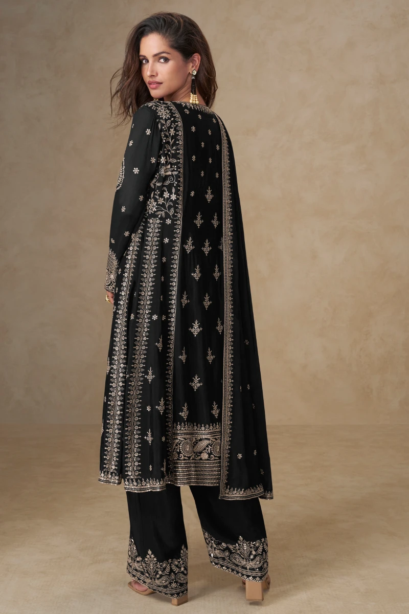 Black Chinon Silk Embroidered Palazzo Suit with Dupatta