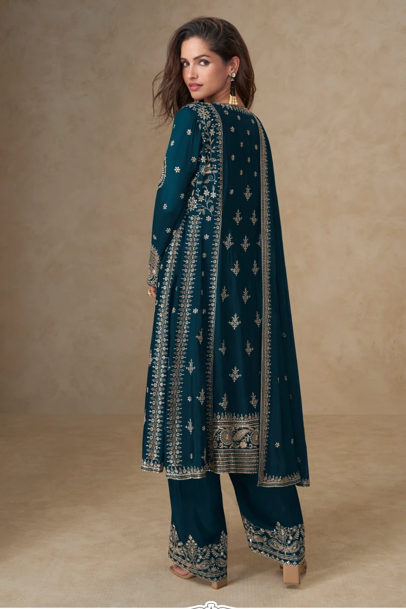 Teal Blue Chinon Silk Embroidered Palazzo Suit with Dupatta