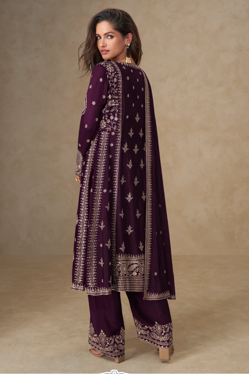Wine Chinon Silk Embroidered Palazzo Suit with Dupatta