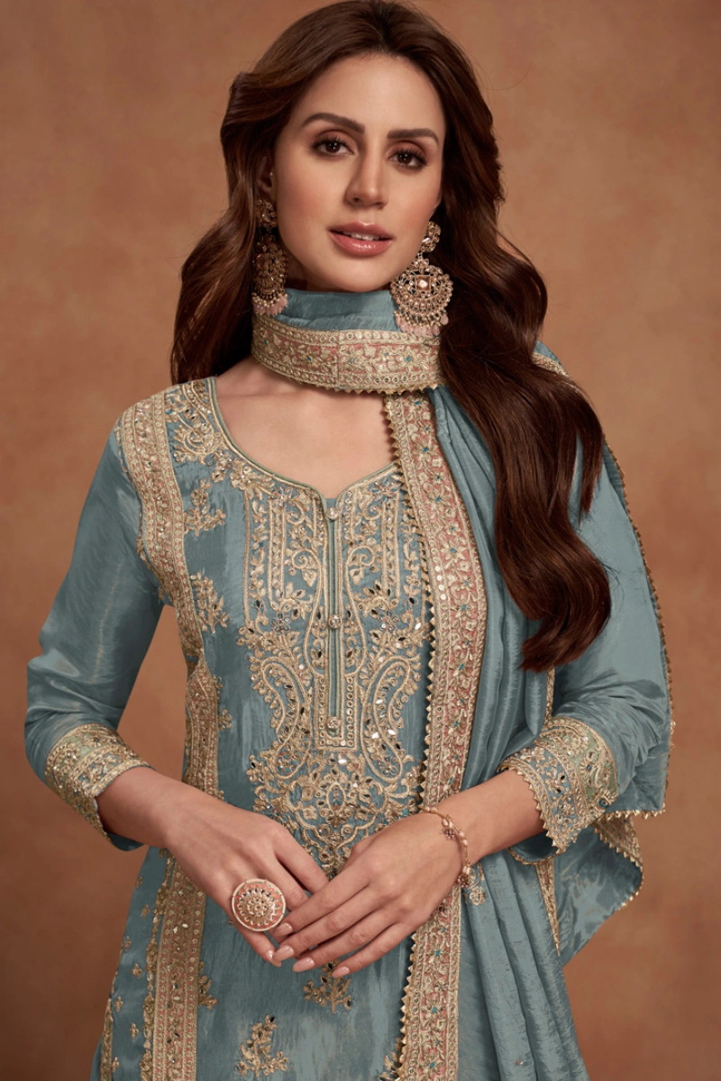 Grey Vichitra Silk Embroidered Palazzo Suit with Zari & Sequins