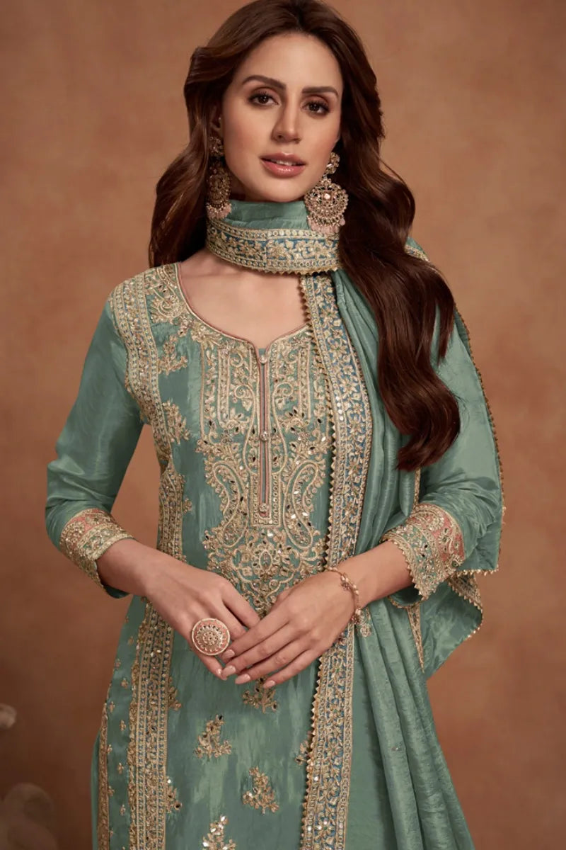 Green Vichitra Silk Embroidered Palazzo Suit with Zari & Sequins