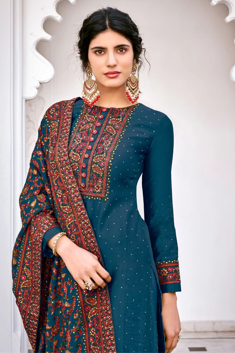 Blue Viscose Silk Straight Palazzo Suit