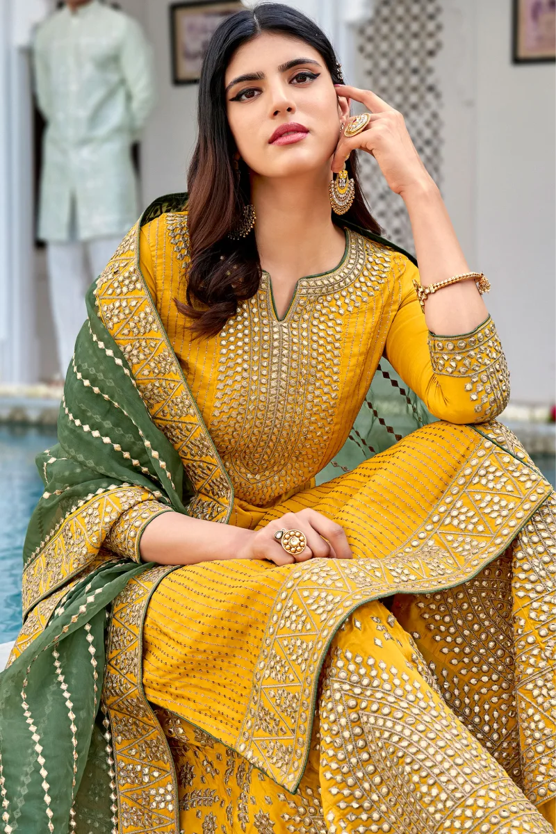 Yellow Georgette Straight Suit with Green Palazzo
