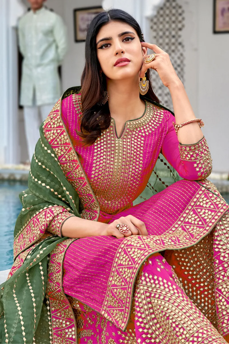 Pink & Green Georgette Straight Palazzo Suit