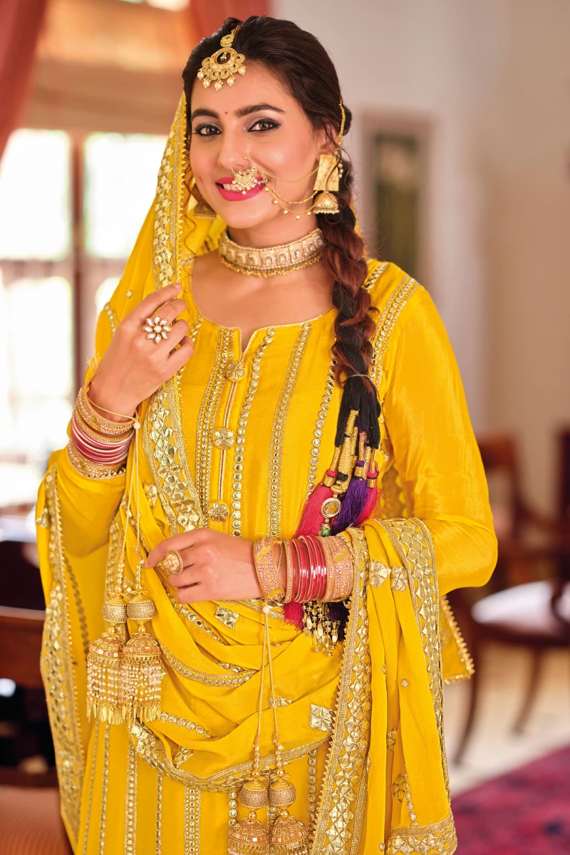 Yellow Chinnon Embroidered Palazzo Suit