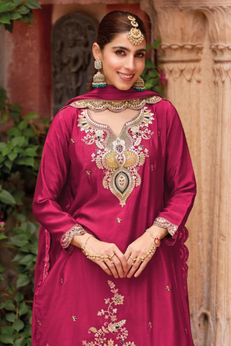 Pink Chinon Silk Embroidered Foil Work Palazzo Suit
