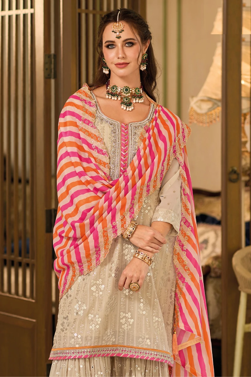 Beige Georgette Sharara Set with Multi-Colored Dupatta