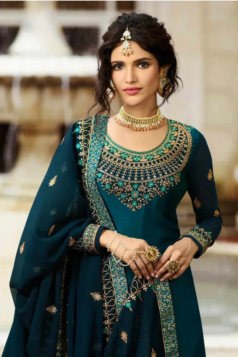 Teal Blue Satin Georgette Lehenga Set with Net Dupatta