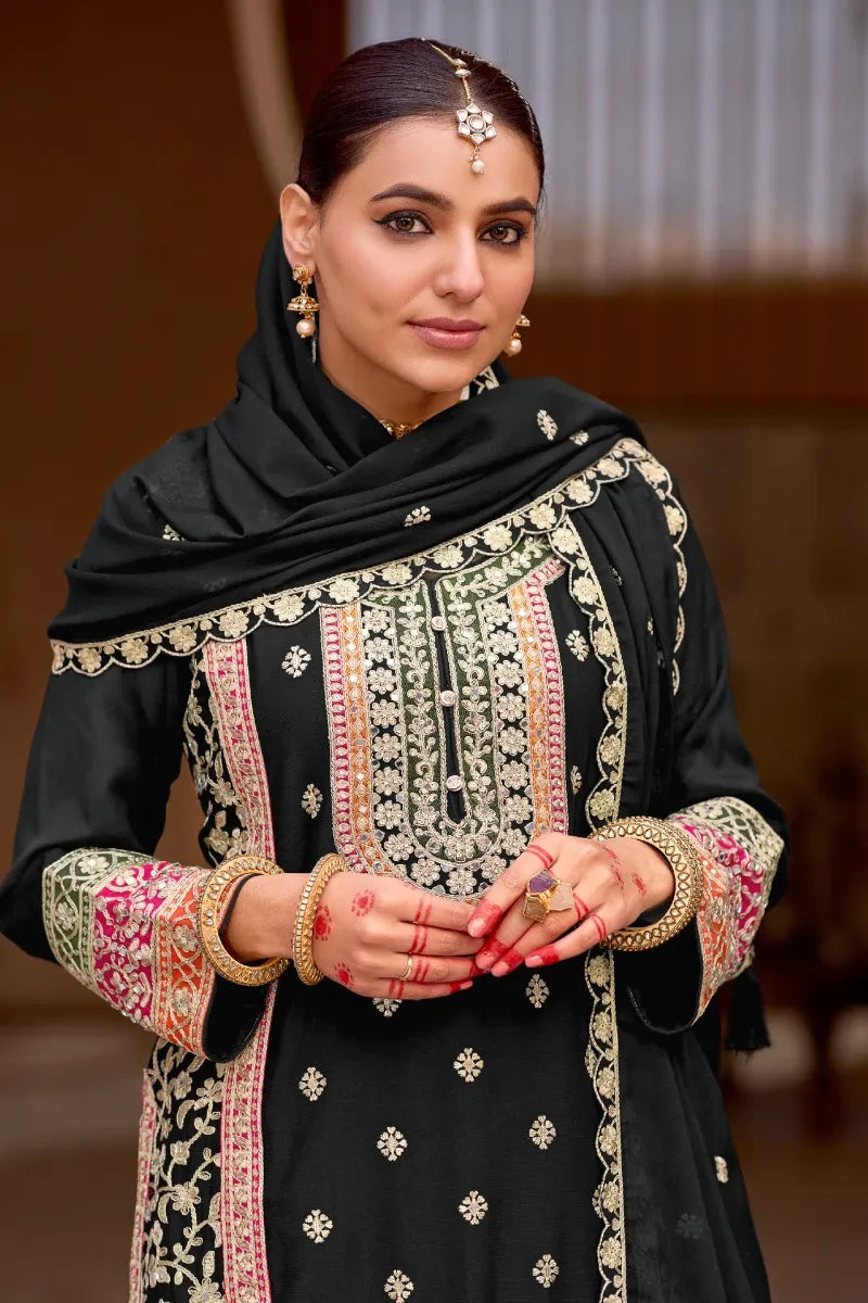 Black Chinnon Embroidered Sharara Suit