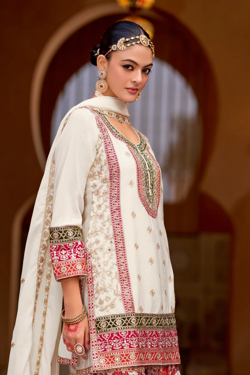 Cream Chinnon Embroidered Sharara Suit