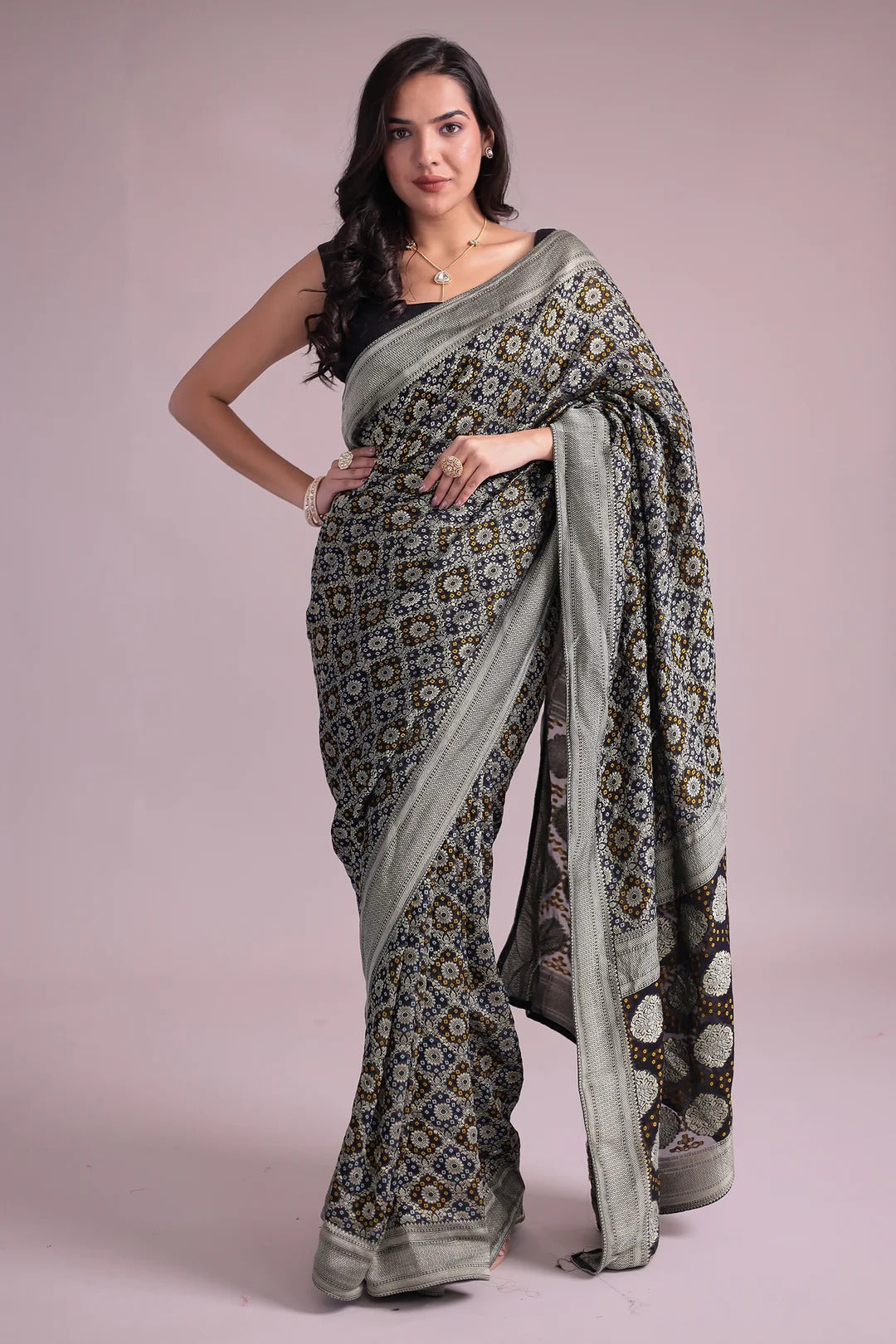 Black Power loom Bandhej Look Saree