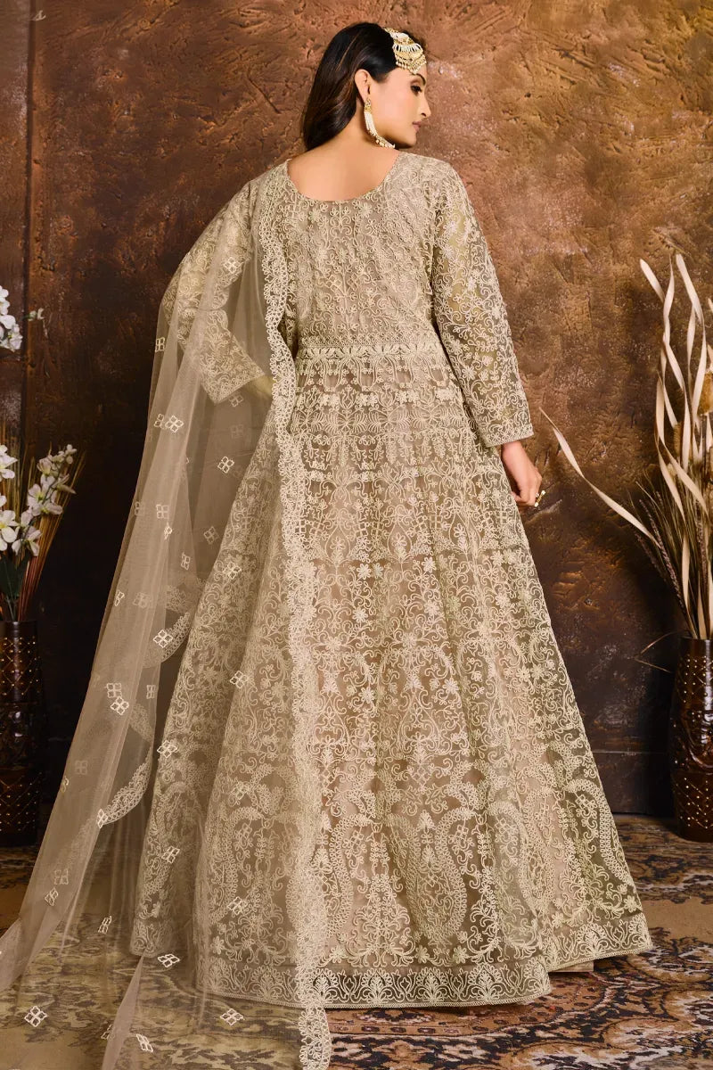 Beige Net Zari Embroidered Anarkali Suit
