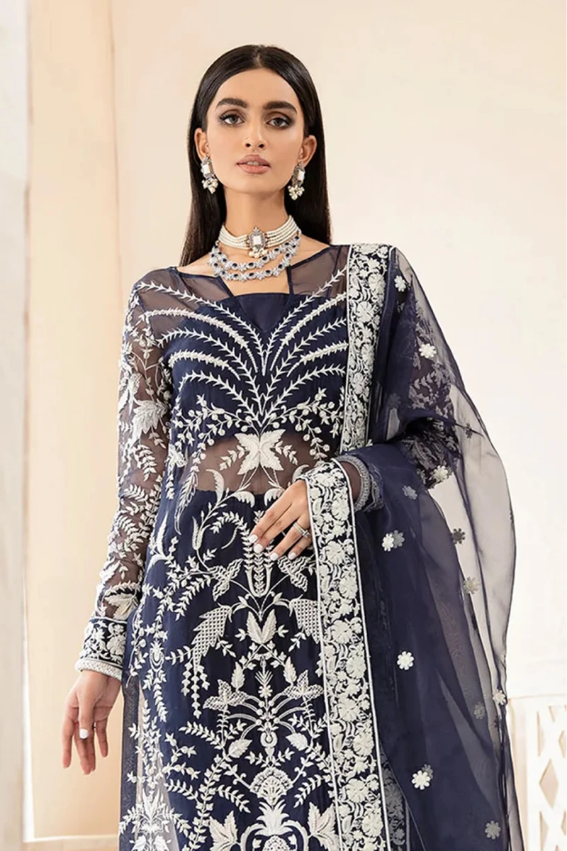 Blue Embroidered Organza Straight Suit with Pants