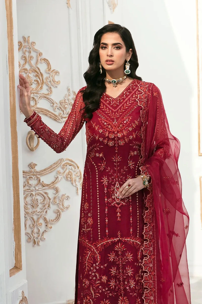 Maroon Organza Embroidered Palazzo Suit