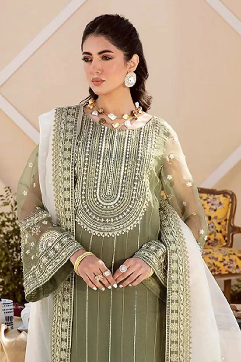 Green Organza Pant Set with Off-White Dupatta