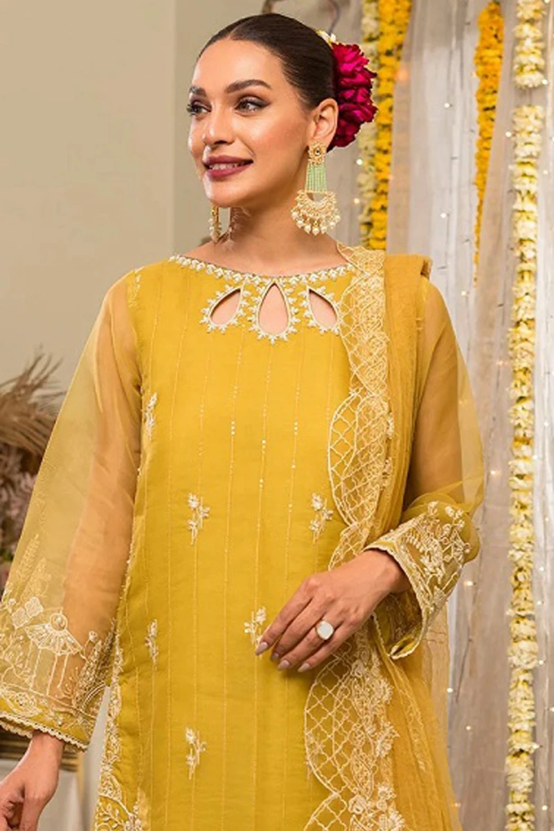 Yellow Organza Straight Suit with Embroidered Beads