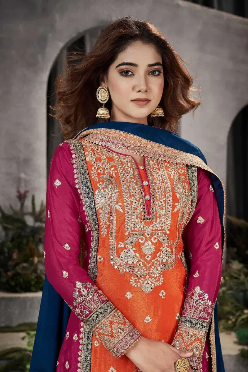 Multi-Color Chinon Palazzo Set with Mirror Embroidery