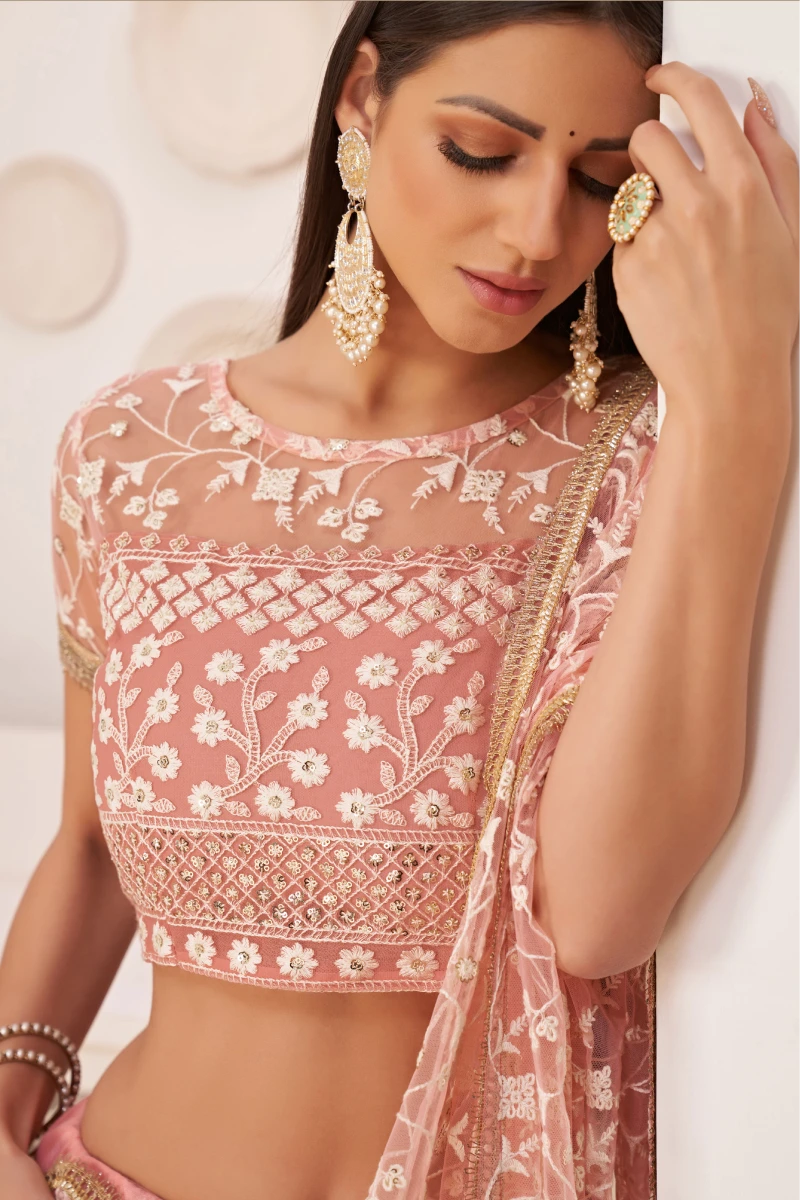 Pink Net Lehenga with Sequins, Thread, and Embroidery