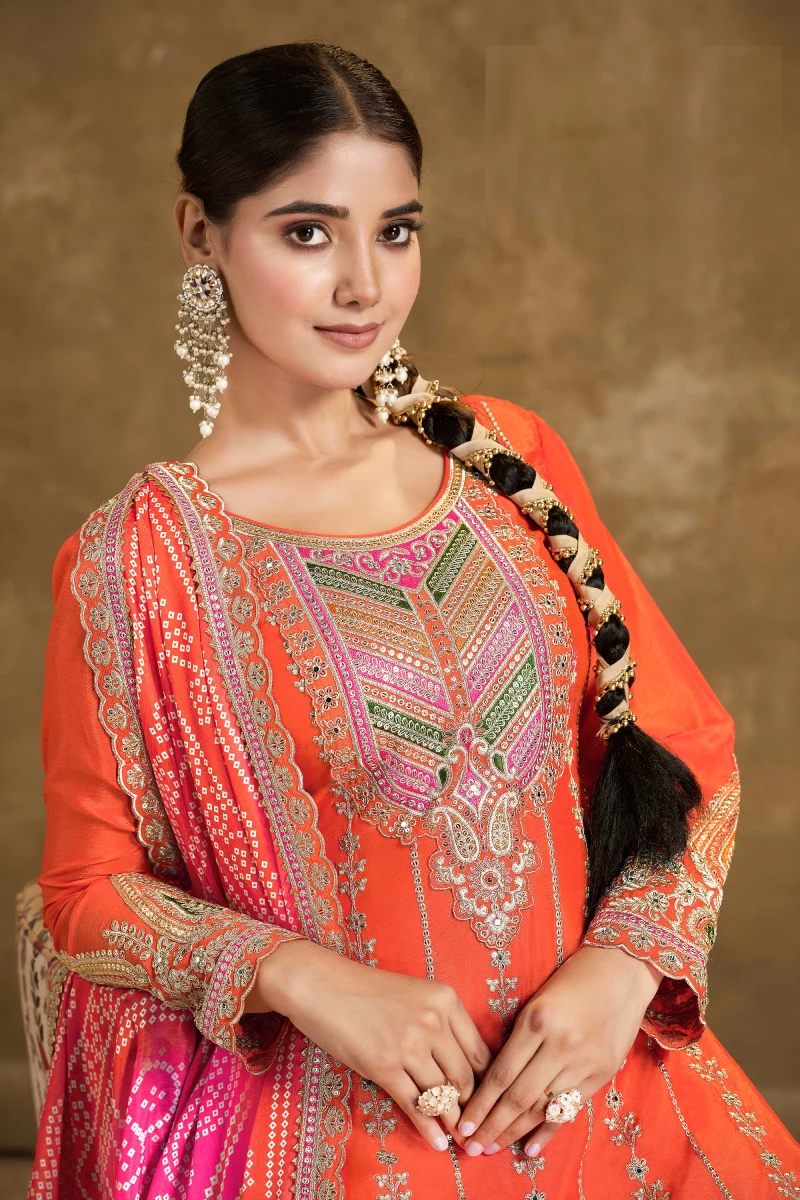 Orange Chinnon Dhoti Suit with Multi Dupatta