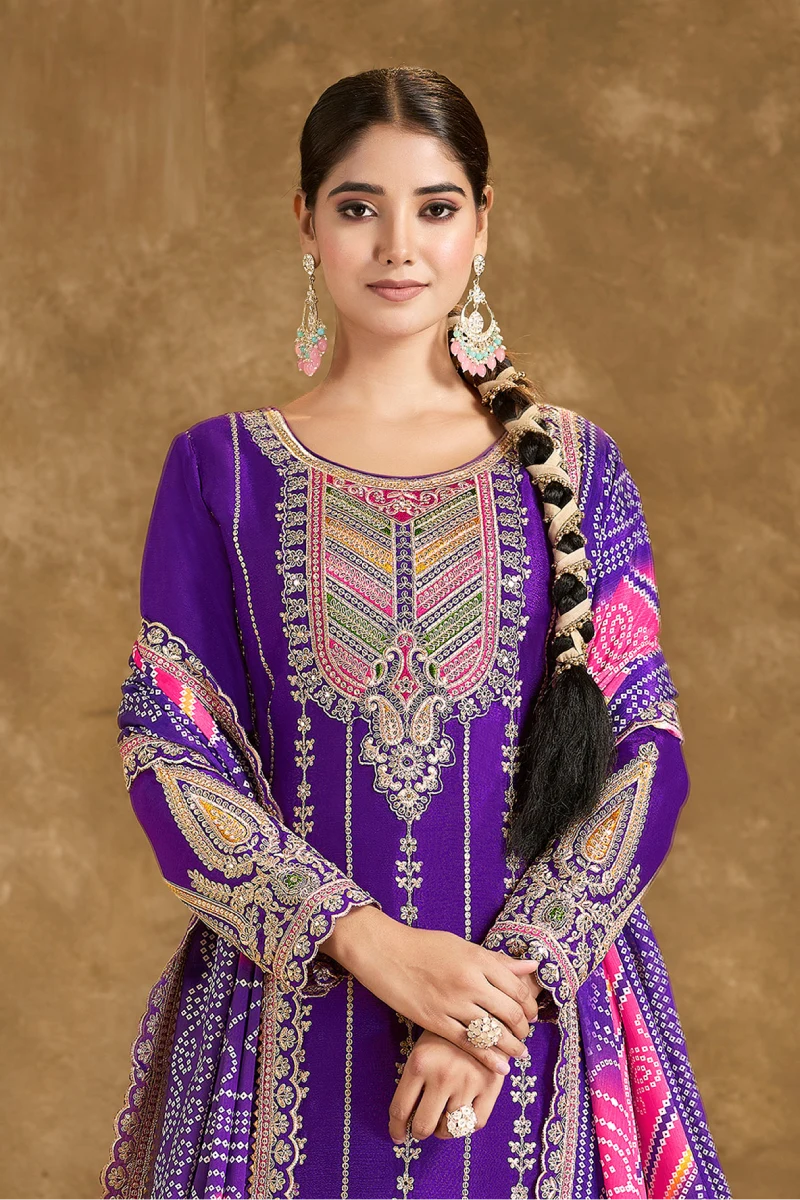 Purple Chinnon Dhoti Suit with Purple & Pink Dupatta