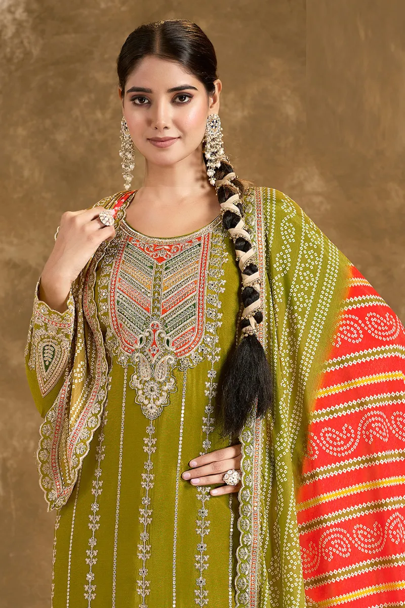 Olive Green Chinnon Dhoti Suit with Olive Green & Orange Dupatta
