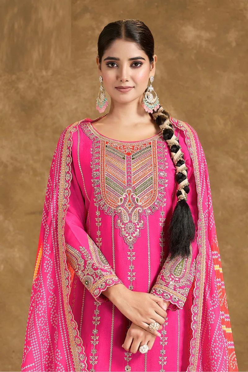 Pink Chinnon Dhoti Suit with Pink & Orange Dupatta