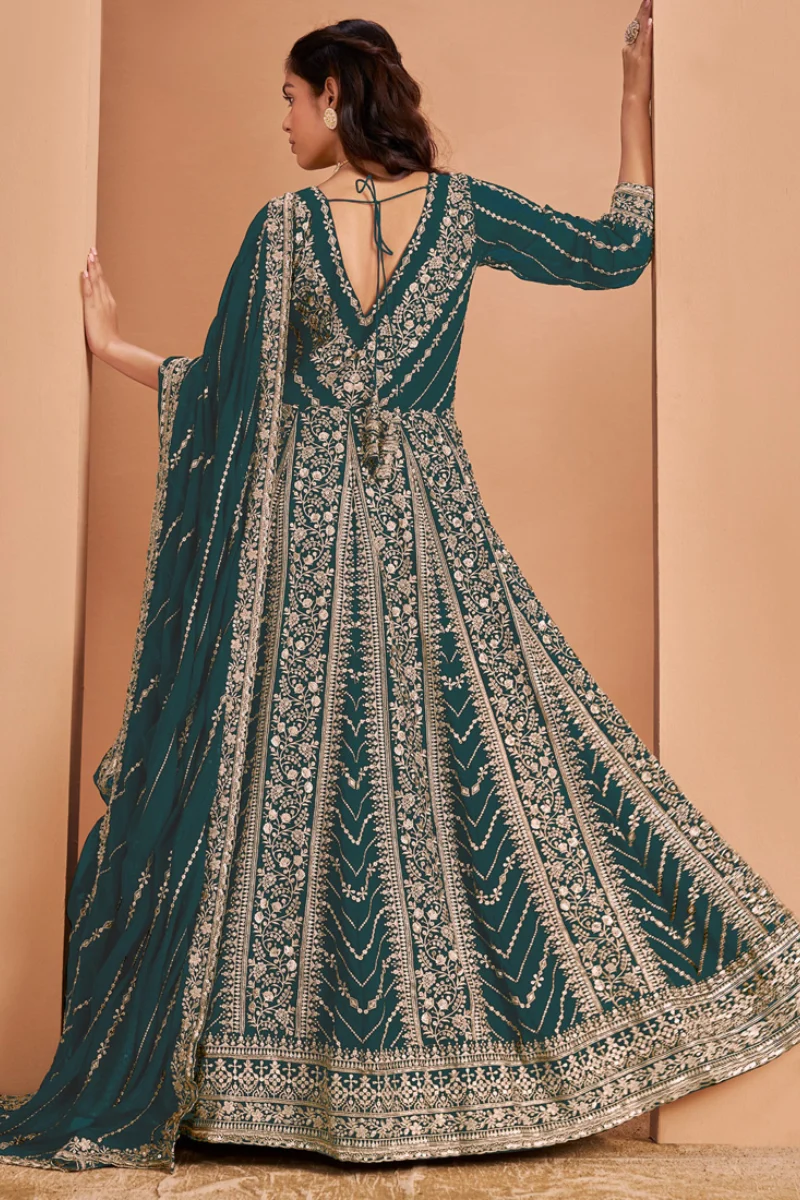 Aqua Green Faux Georgette Embroidered Anarkali Suit