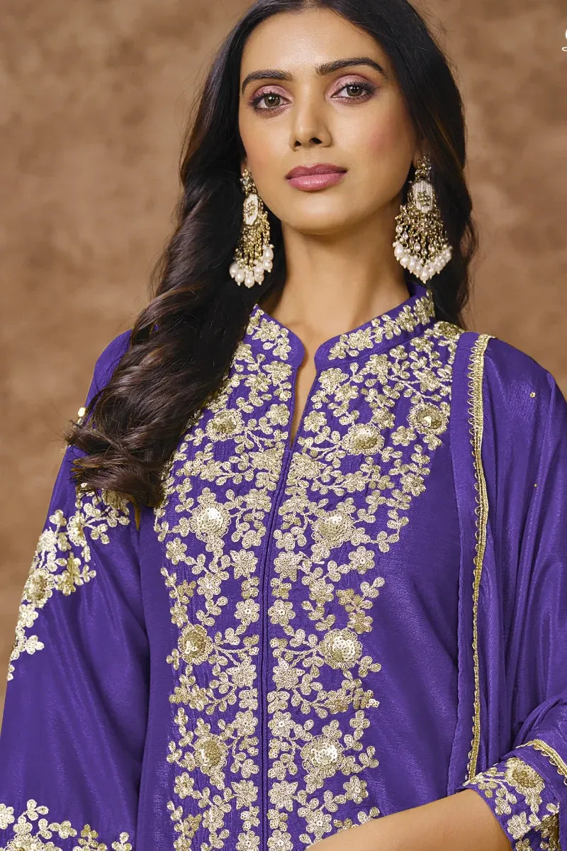 Purple Chinon Jacket Style Top with Palazzo