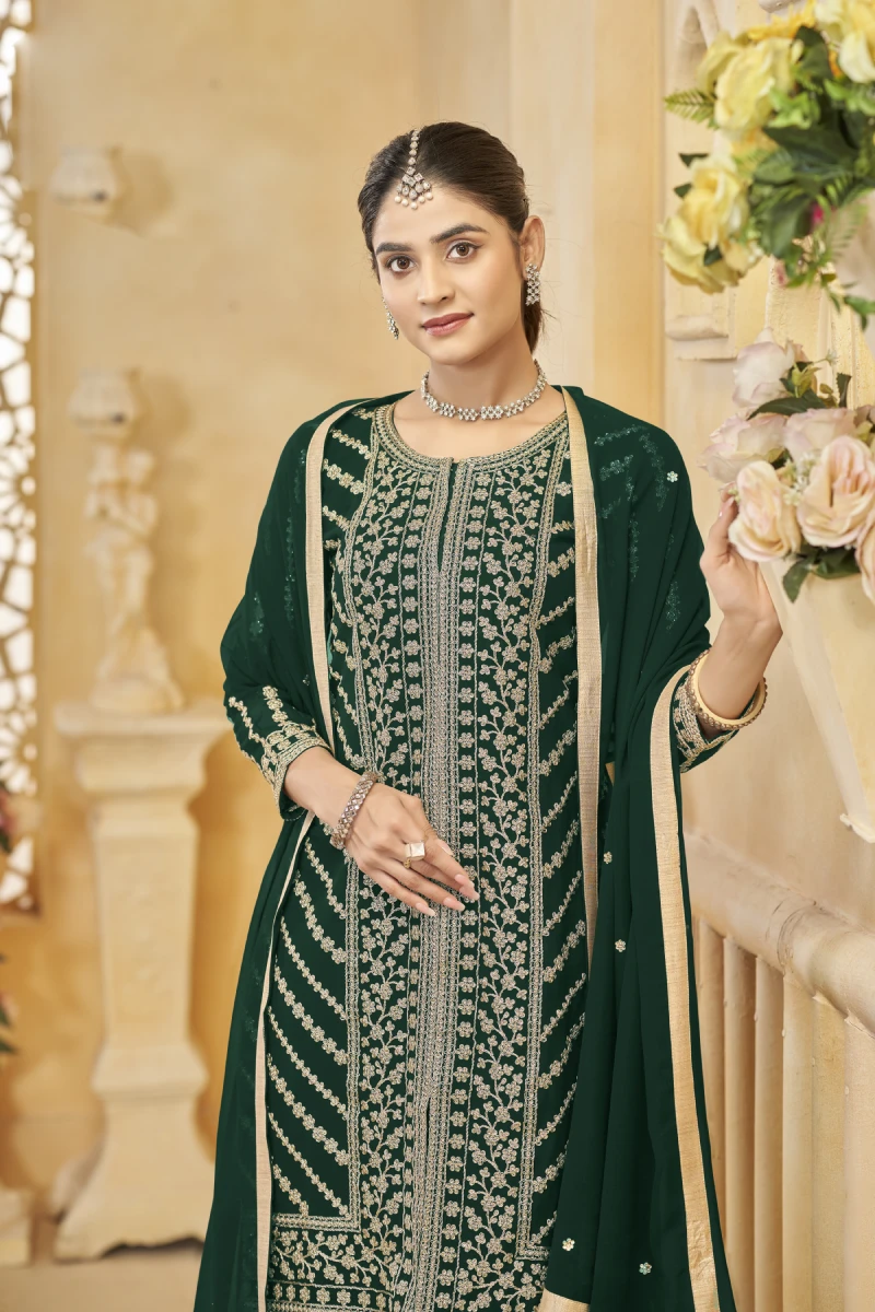 Elegant Green Faux Georgette Sharara Set with Embroidery
