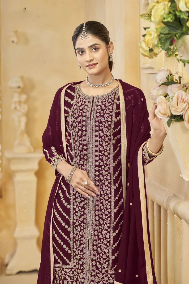 Classic Maroon Faux Georgette Sharara Set with Embroidery