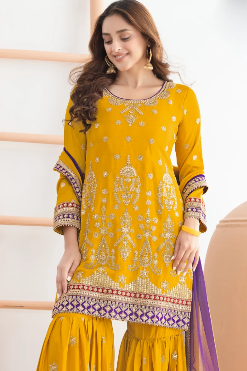Yellow Chinon Suit with Dual Colour Dupatta