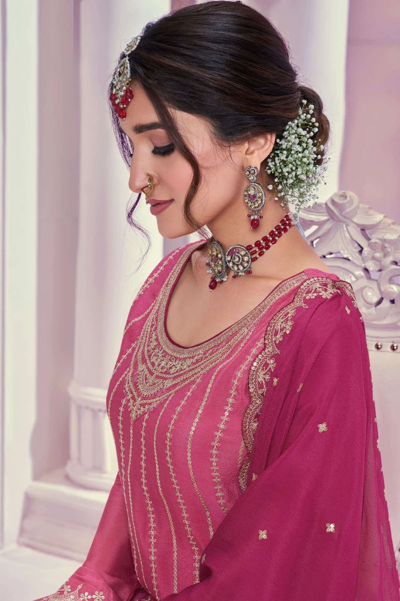 Pink Embroidered Chinon Sharara Suit