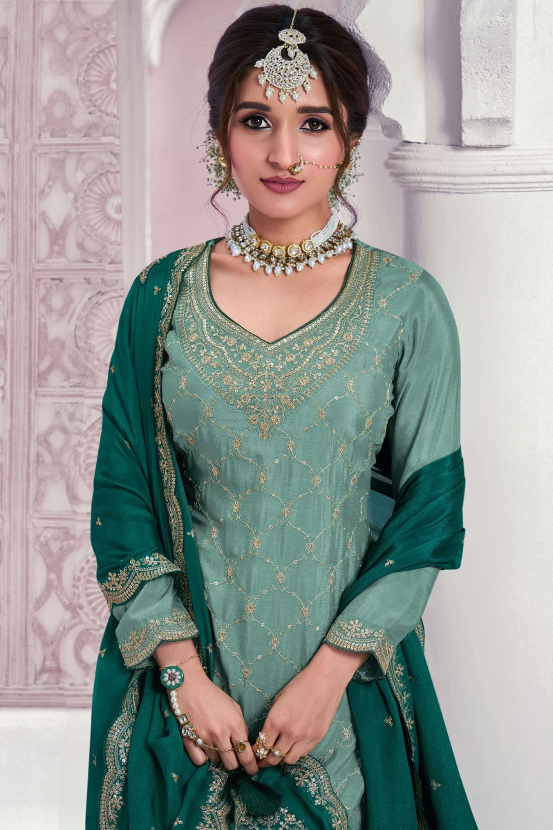 Sky Blue Embroidered Chinon Sharara Suit