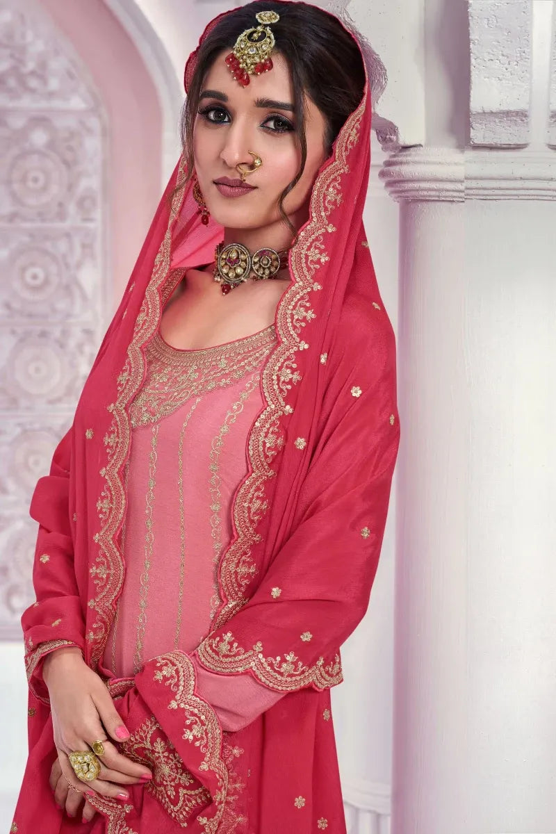 Peach Embroidered Chinon Sharara Suit