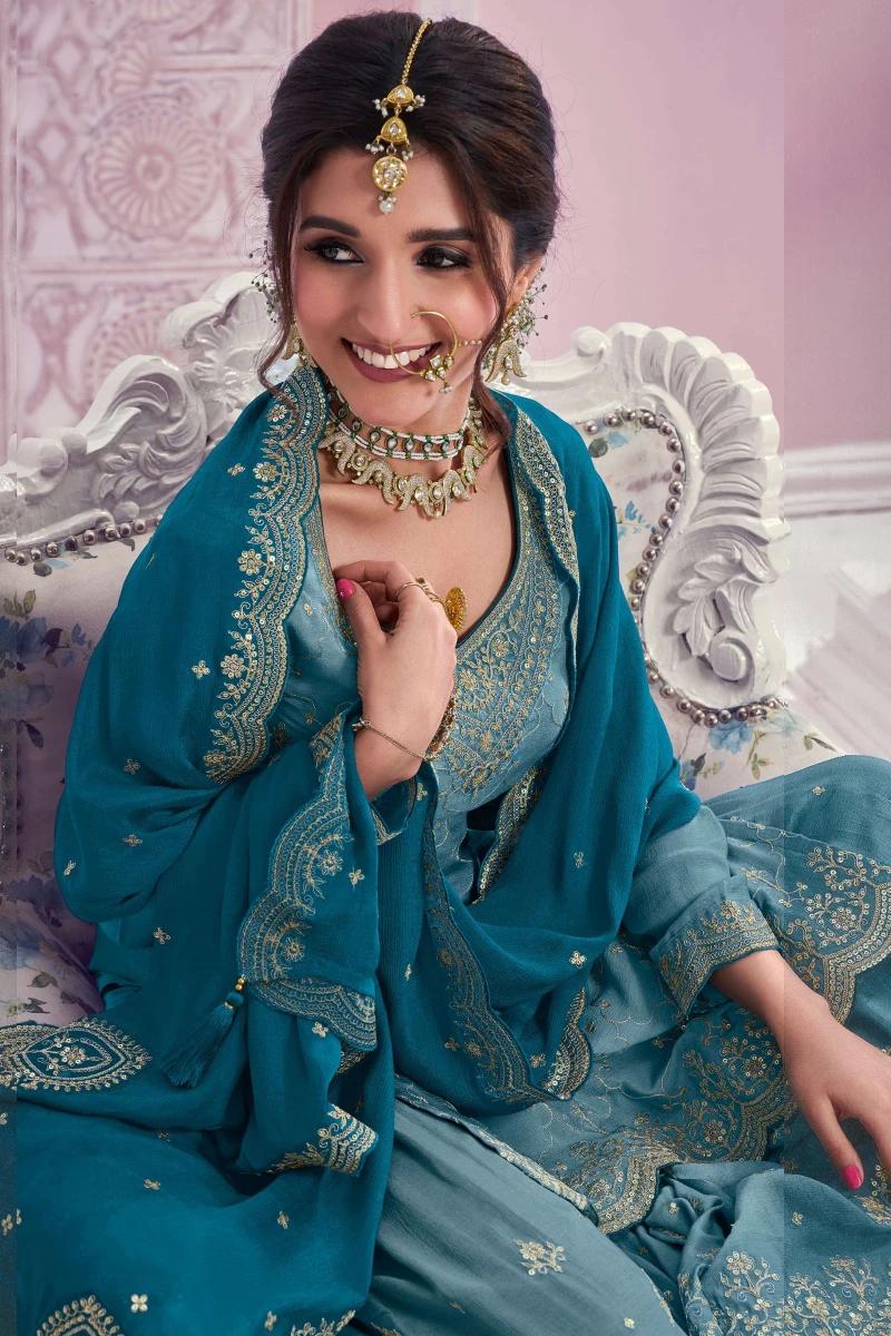 Sky Embroidered Chinon Sharara Suit