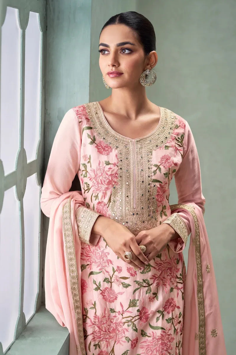 Pink Embroidered Chinon Palazzo Suit with Dupatta