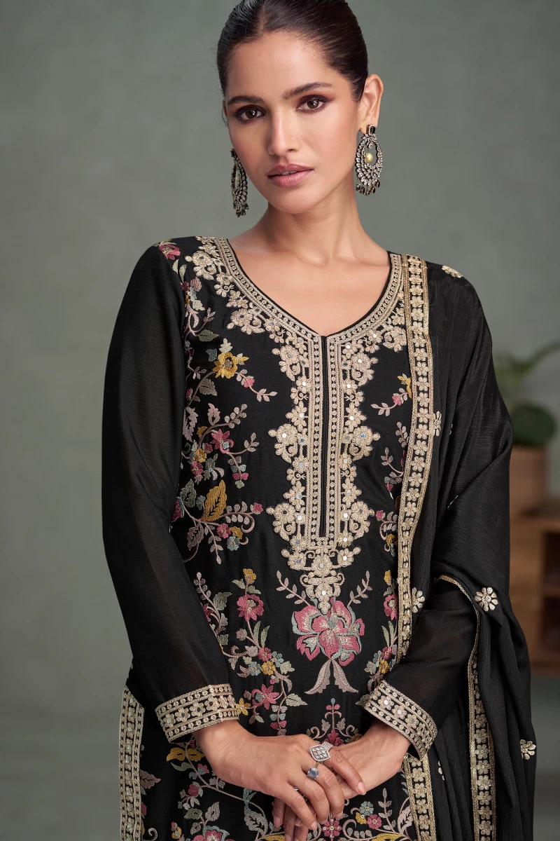 Black Embroidered Chinon Palazzo Suit with Dupatta