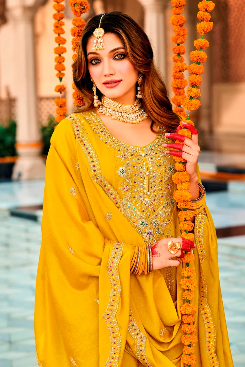 Yellow Embroidered Chinon Anarkali Salwar Suit with Dupatta