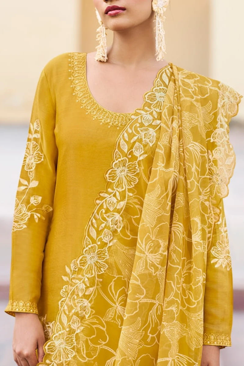 Yellow Chinon Embroidered Palazzo Suit with Dupatta
