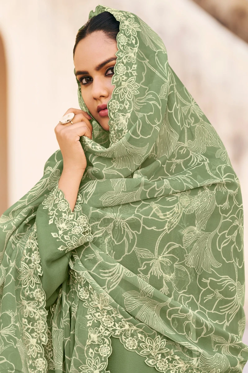 Green Chinon Embroidered Palazzo Suit with Dupatta