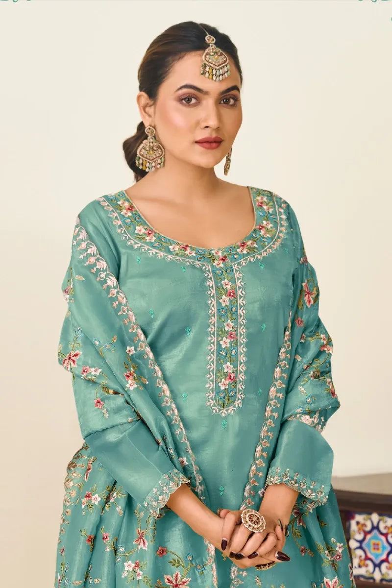 Green Crush Silk Embroidered Salwar Suit with Premium Dupatta