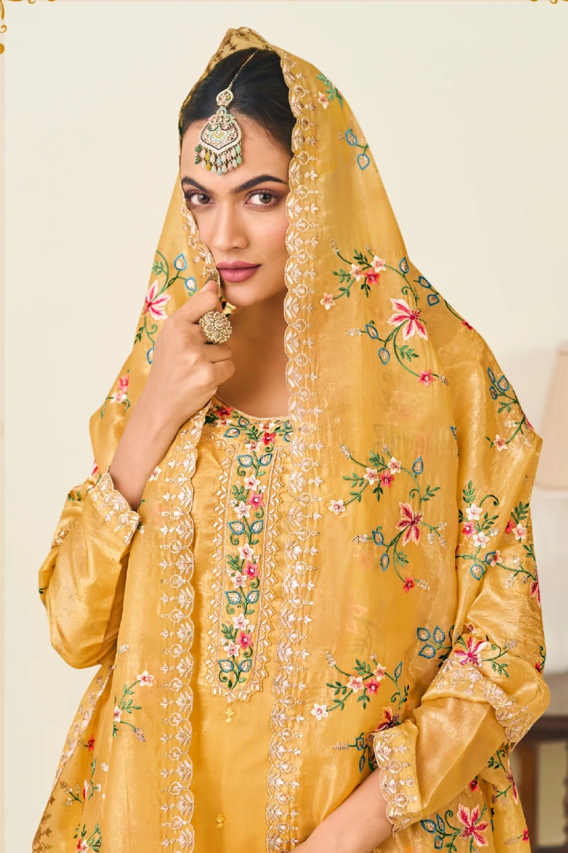 Yellow Crush Silk Embroidered Salwar Suit with Premium Dupatta