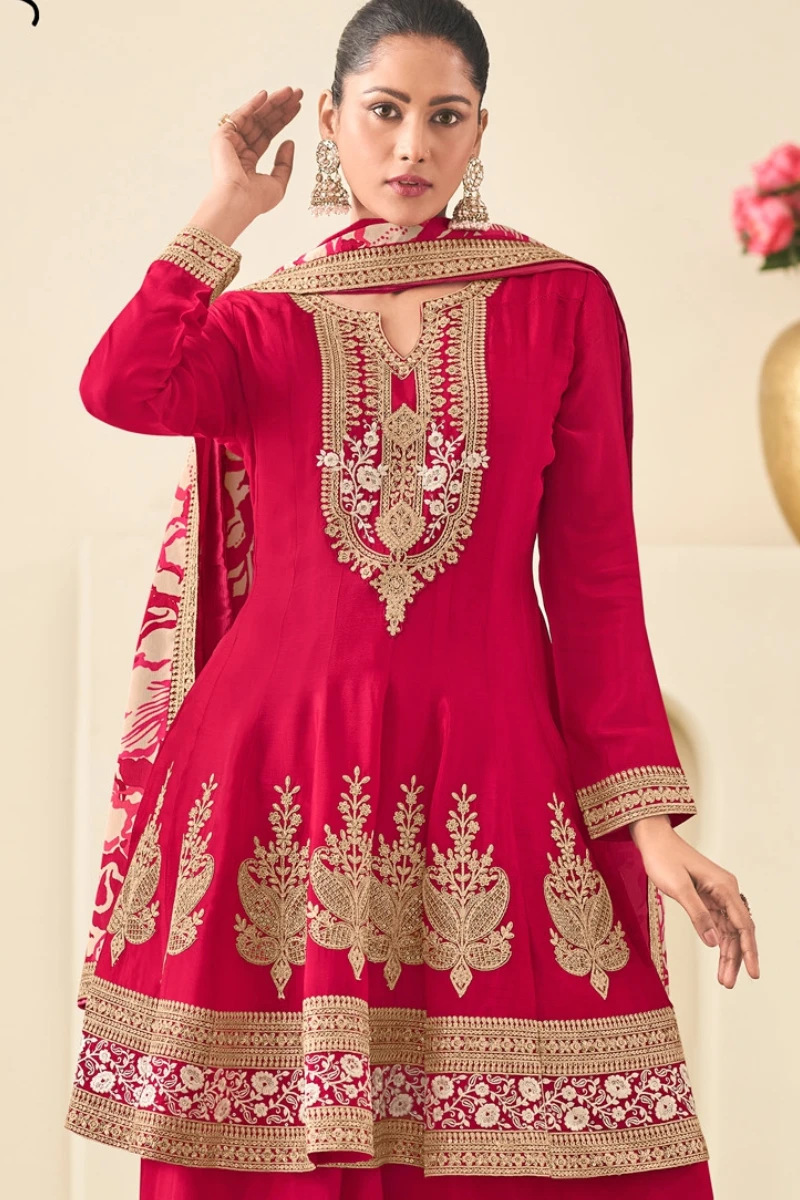 Red Chinon Embroidered Palazzo Suit with Digital Print Dupatta