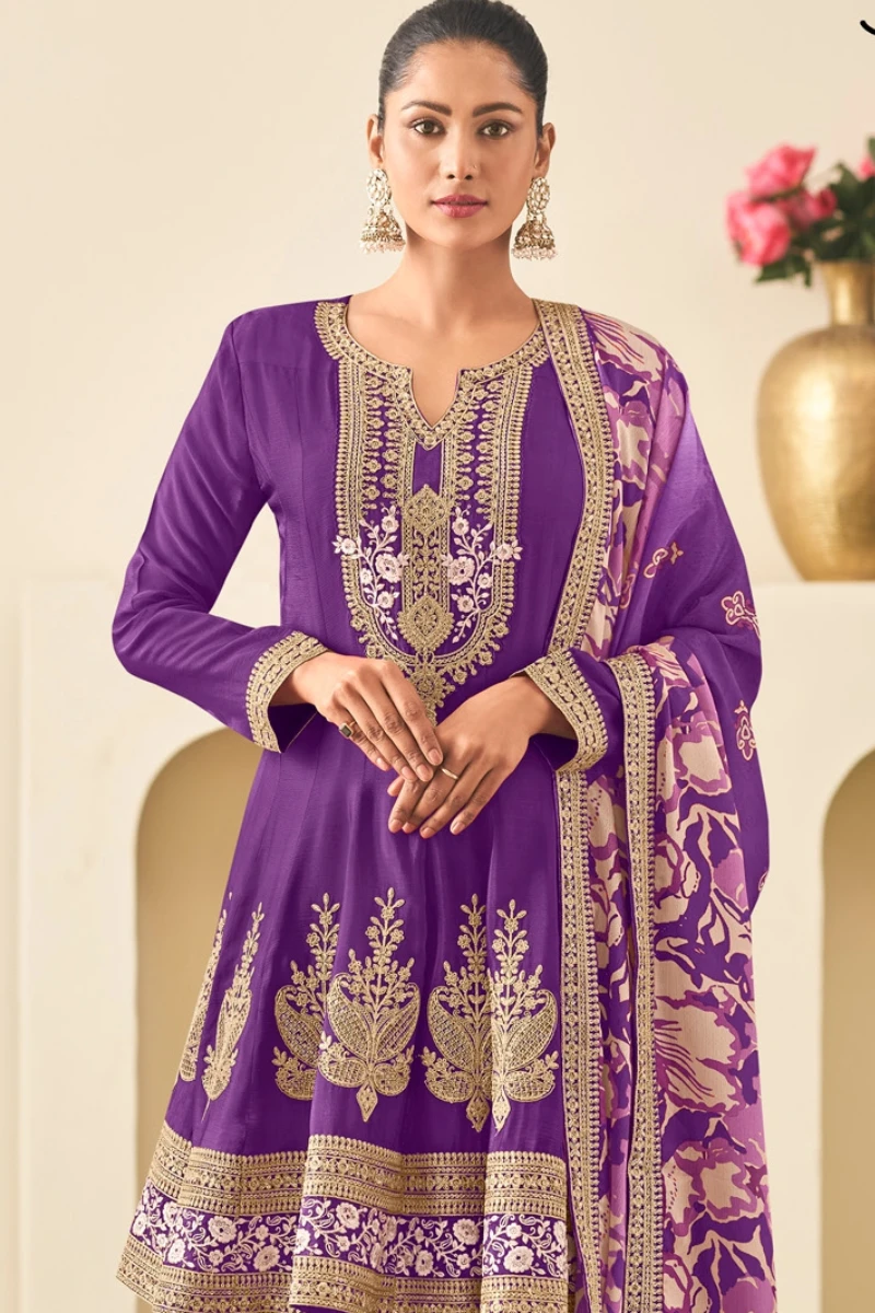 Purple Chinon Embroidered Palazzo Suit with Digital Print Dupatta