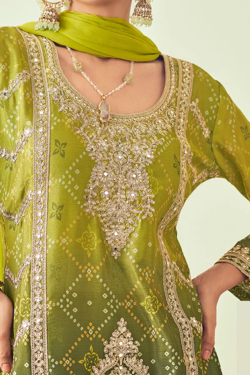 Green Bandhej Print Chinon Embroidered Palazzo Suit with Dupatta