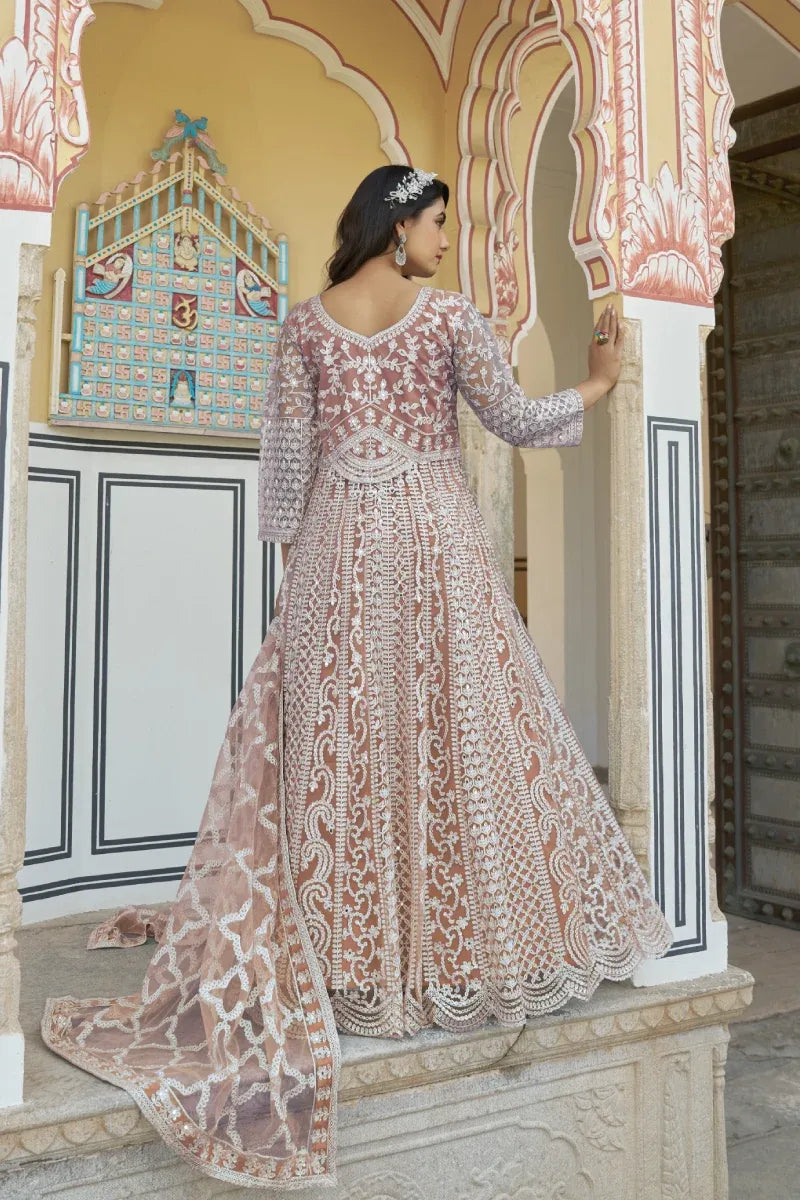 Orange Butterfly Net Embroidered Gown with Dupatta