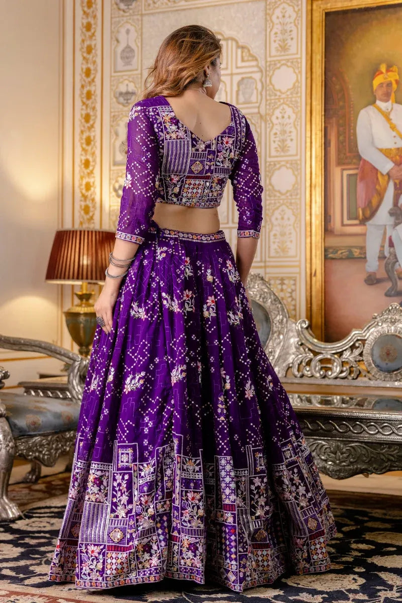 Purple Blooming Georgette Embroidered Lehenga Choli with Dupatta