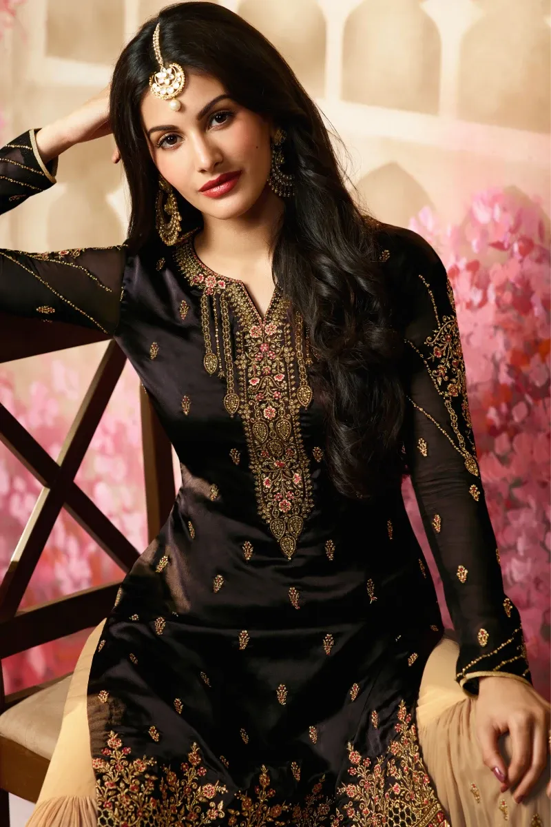 Black and Beige Sharara Suit in Satin Georgette with Embroidery, Zari, and Diamonds