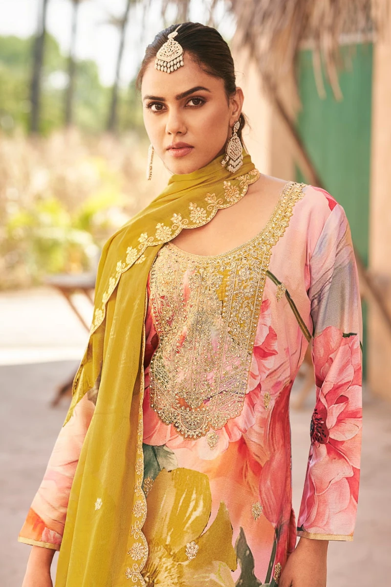Multicolor Floral Print Chinon Embroidered Suit with Olive Dupatta
