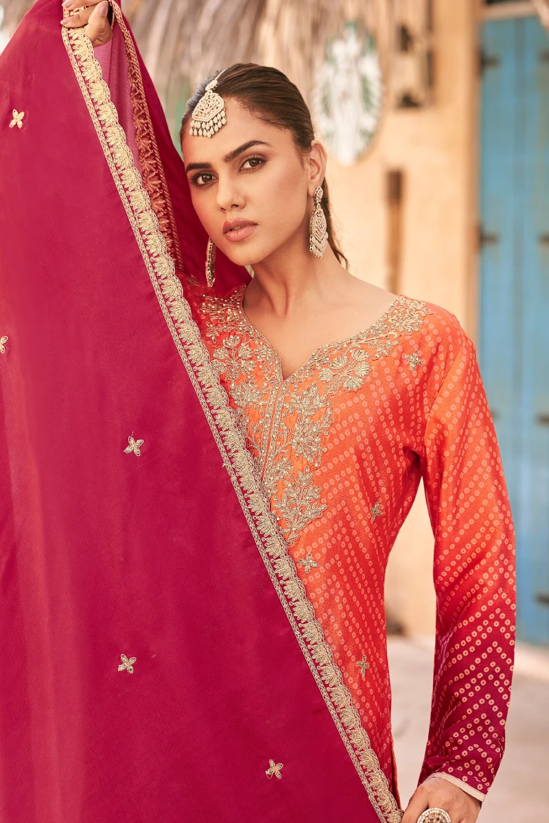 Red Bandhej Print Chinon Embroidered Suit with Organza Dupatta
